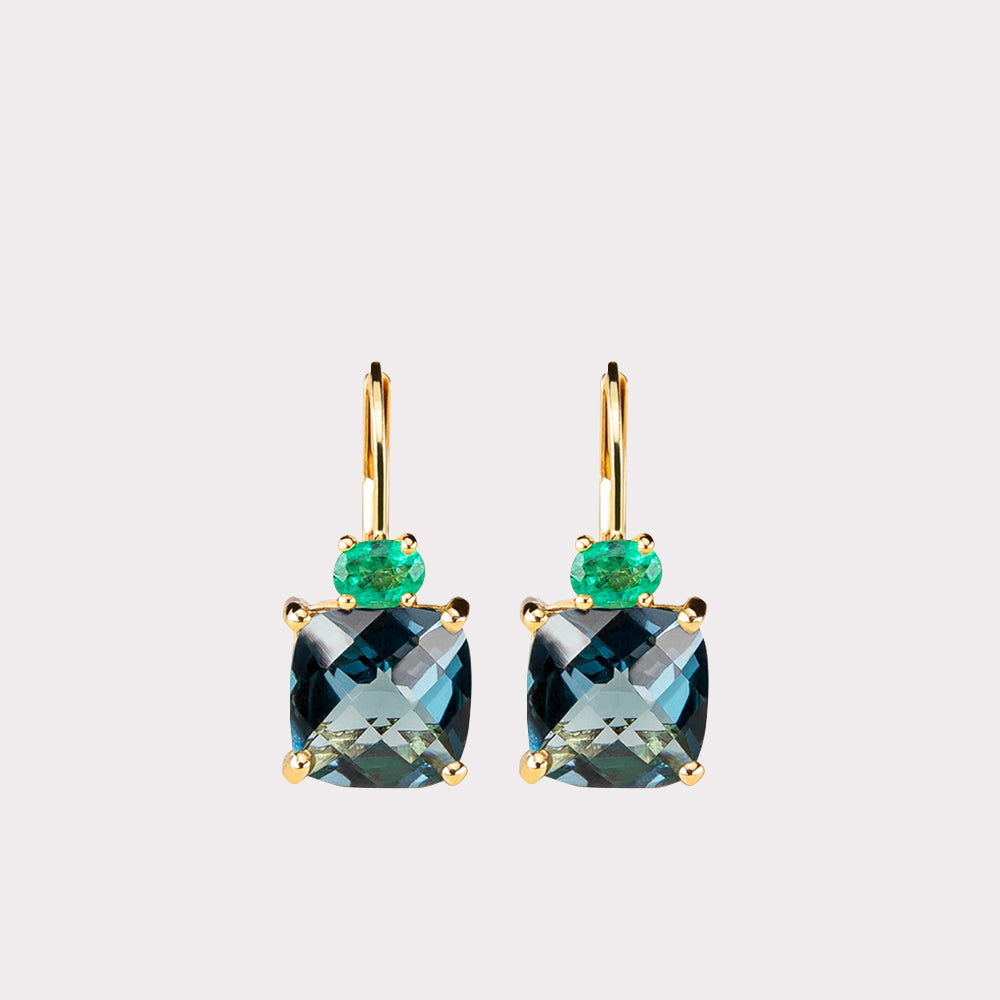 Earrings with london blue topaz and emerald in 18 ct. gold