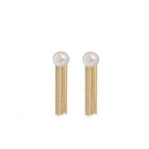 18kt Gold Chain Fringe Stud Earrings With Freshwater Pearl