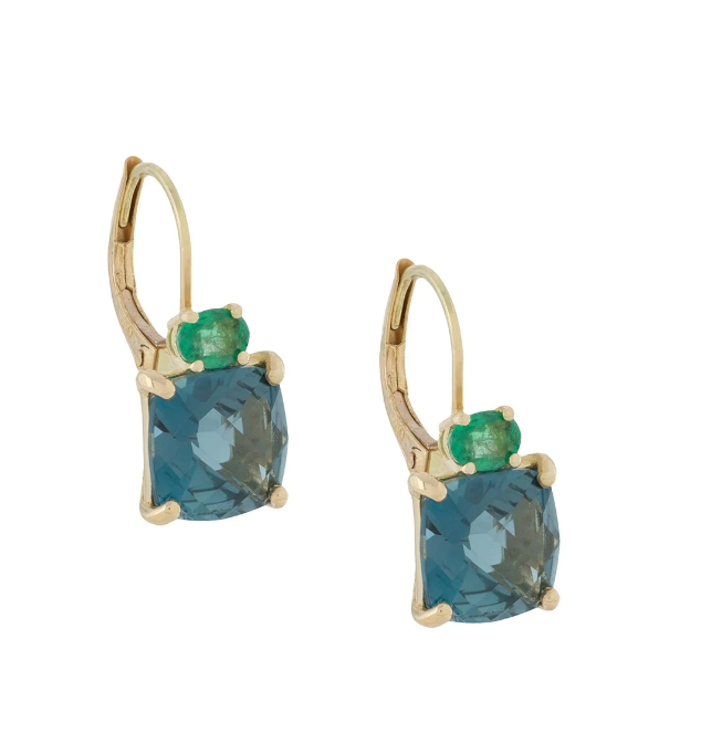 Earrings with london blue topaz and emerald in 18 ct. gold