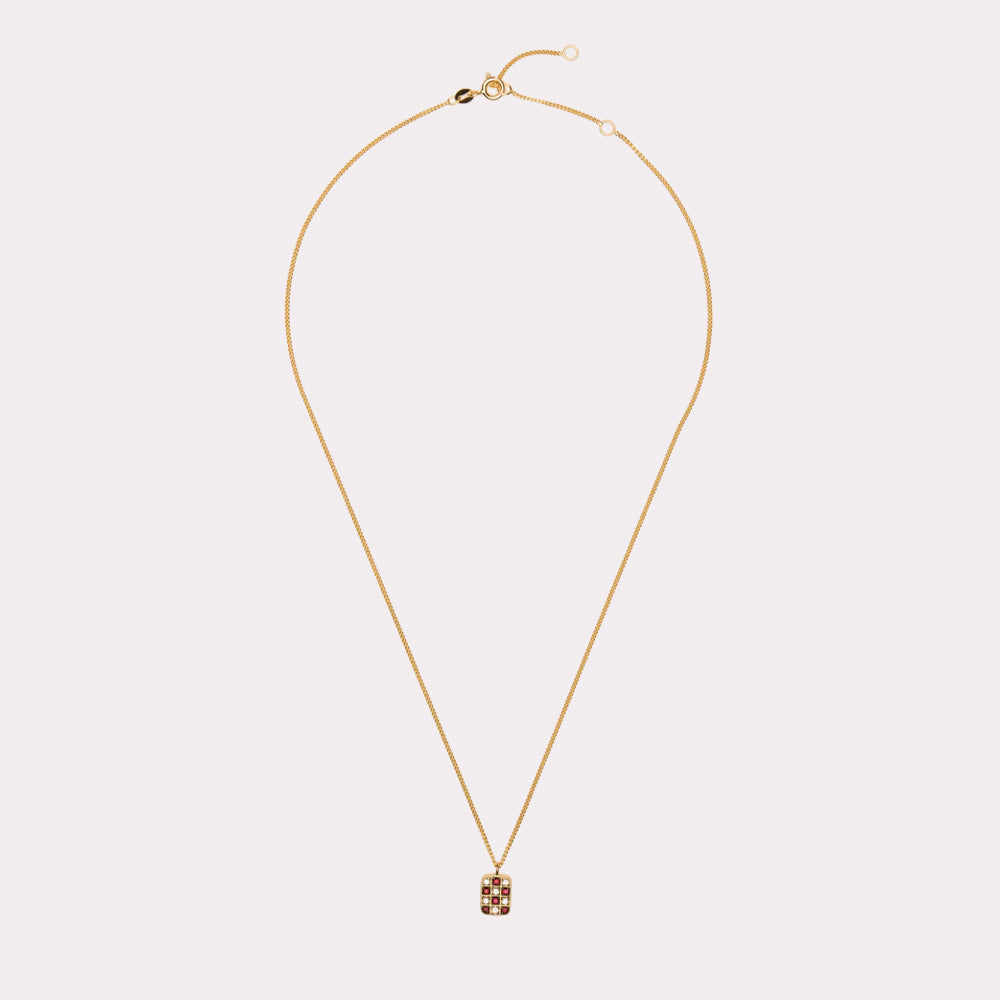 Necklace with ruby and diamond chessboard pendant, 18 ct. gold