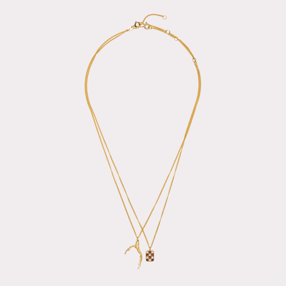 Double necklace with ruby and diamond chessboard, 18 ct. gold