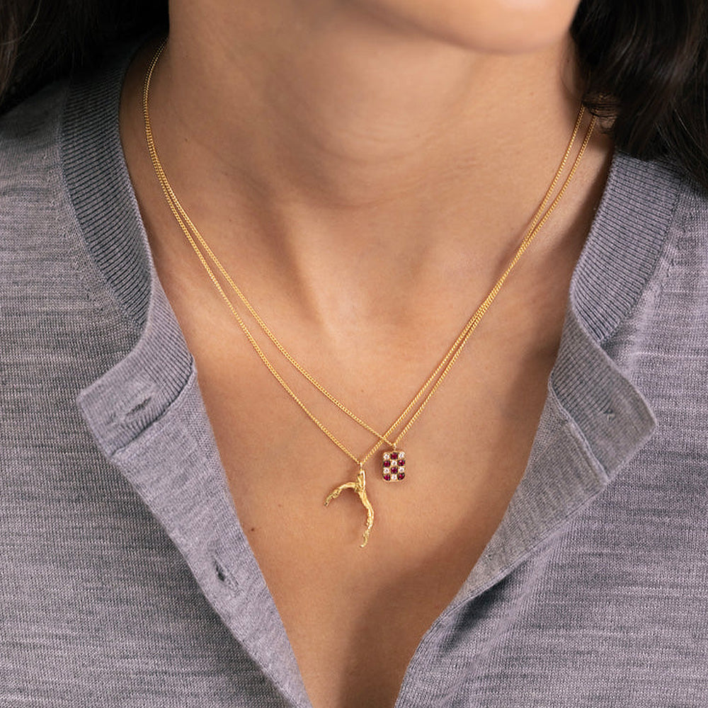 Double necklace with ruby and diamond chessboard, 18 ct. gold