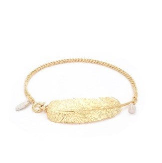 Chain Bracelet with Feather and Pearl, Sterling Silver, Goldplated