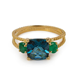 18kt Gold Chain Ring With London Blue Topaz and Emerald