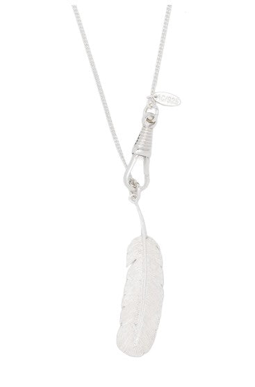 Long Silver Necklace with Feather Pendant