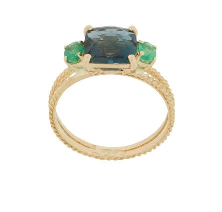 18kt Gold Chain Ring With London Blue Topaz and Emerald