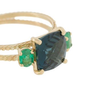 18kt Gold Chain Ring With London Blue Topaz and Emerald